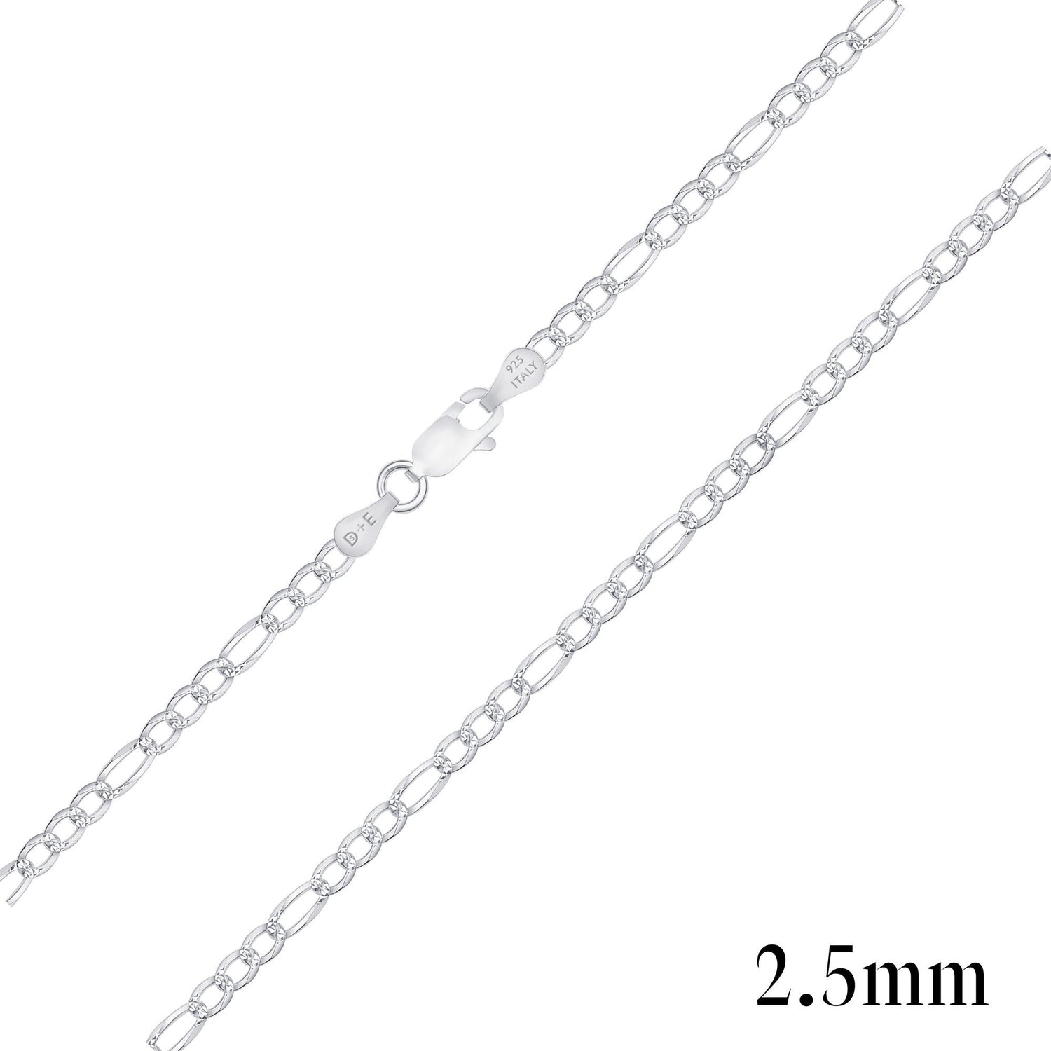 925 Sterling Silver Pavé 2.5mm Figaro Chain