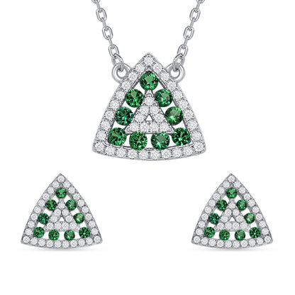 925 Sterling Silver Round Cut Green &amp; White CZ Alternating Rows Triangle Pendant &amp; Stud Earrings Jewelry Set