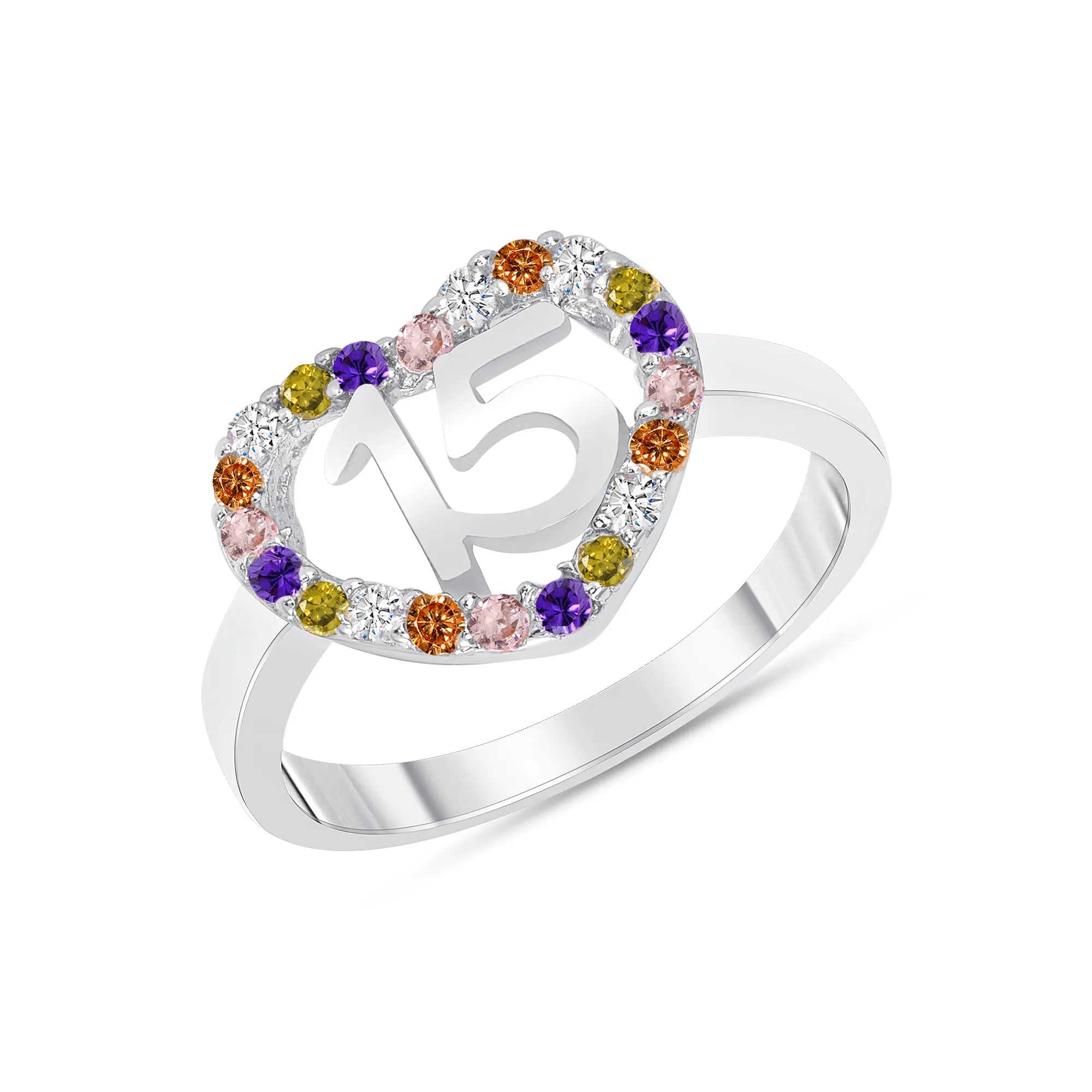 925 Sterling Silver Heart-Shaped Multi Color CZ Quinceañera Ring