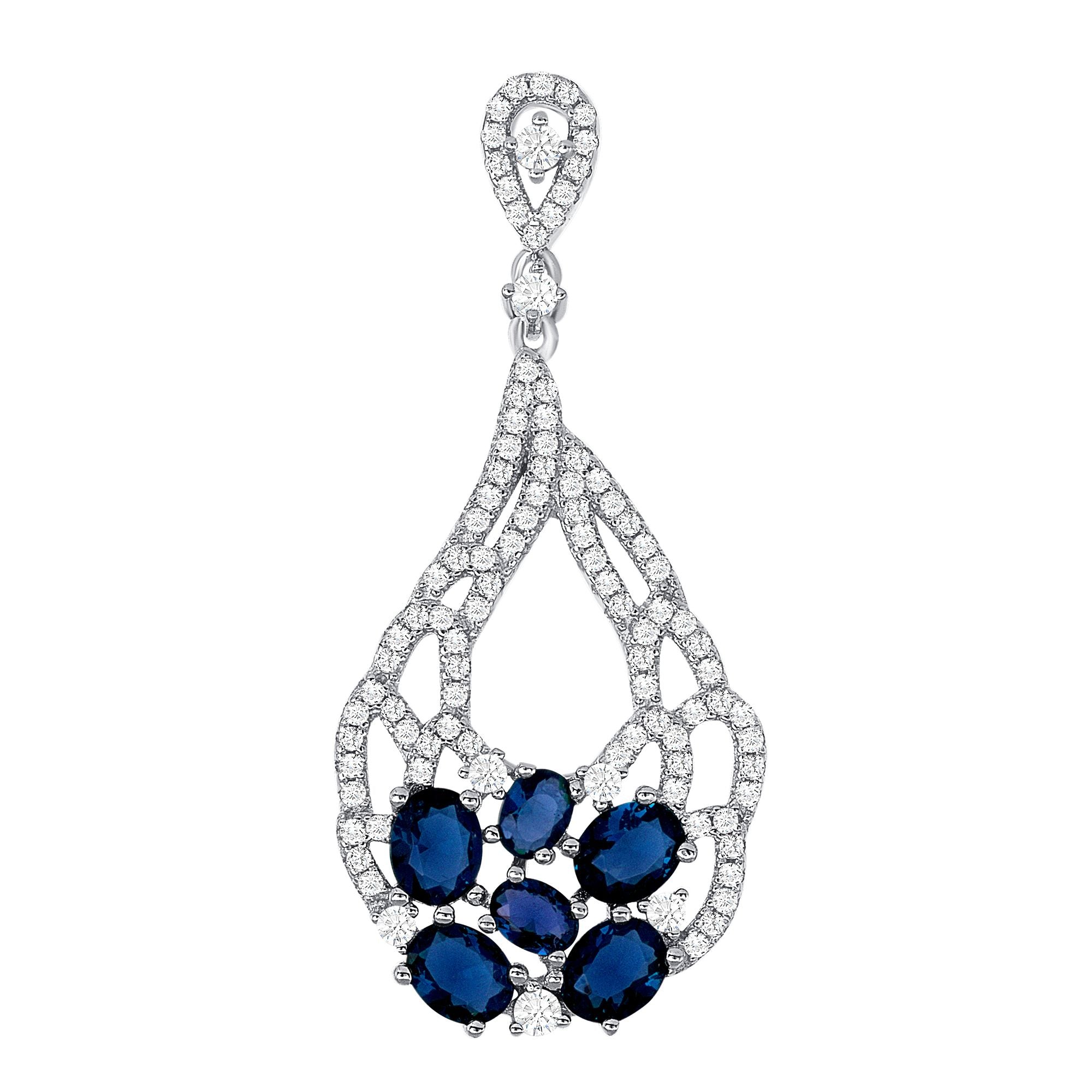 925 Sterling Silver Oval Cut Blue CZ with Pavé CZ Bouquet Teardrop Pendant &amp; Earrings Jewelry Set
