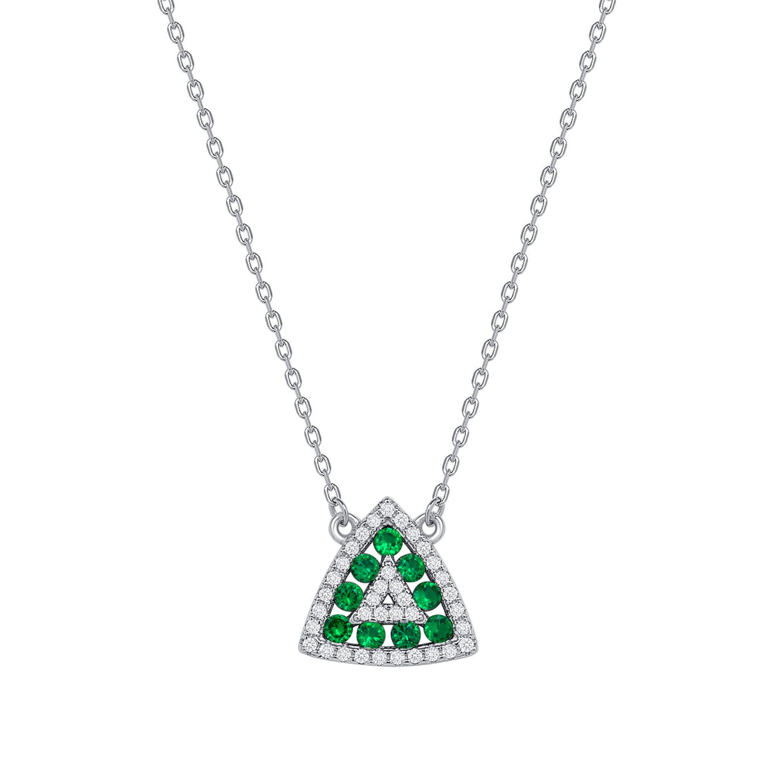 925 Sterling Silver Round Cut Green &amp; White CZ Alternating Rows Triangle Pendant &amp; Stud Earrings Jewelry Set