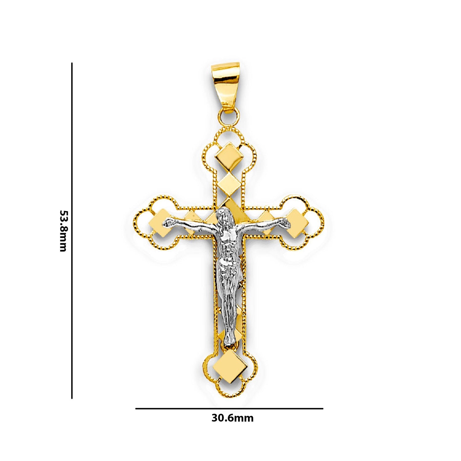 Two Tone Gold Diamond Shaped Cutouts Milgrain Bordered Trefoil Crucifix Cross Pendant with Measurement