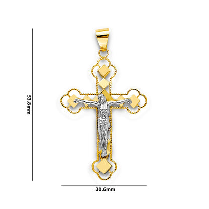 Two Tone Gold Diamond Shaped Cutouts Milgrain Bordered Trefoil Crucifix Cross Pendant with Measurement