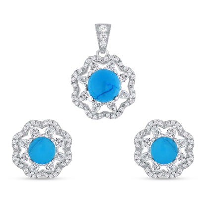 925 Sterling Silver Round Cut Turquoise &amp; White CZ Cutout Flower Pendant &amp; Stud Earrings Jewelry Set