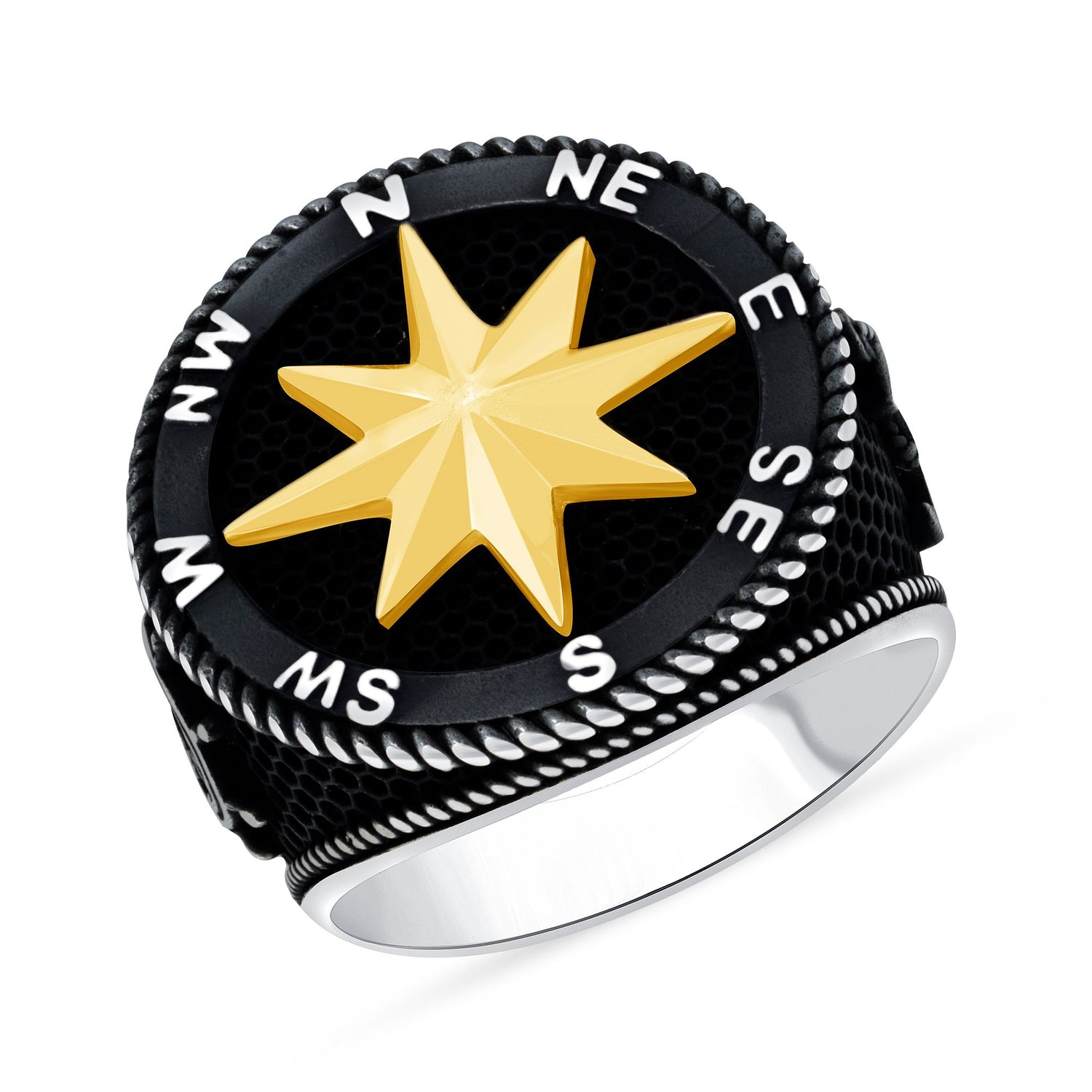 Oxidized 925 Sterling Silver North Star Compass Men&