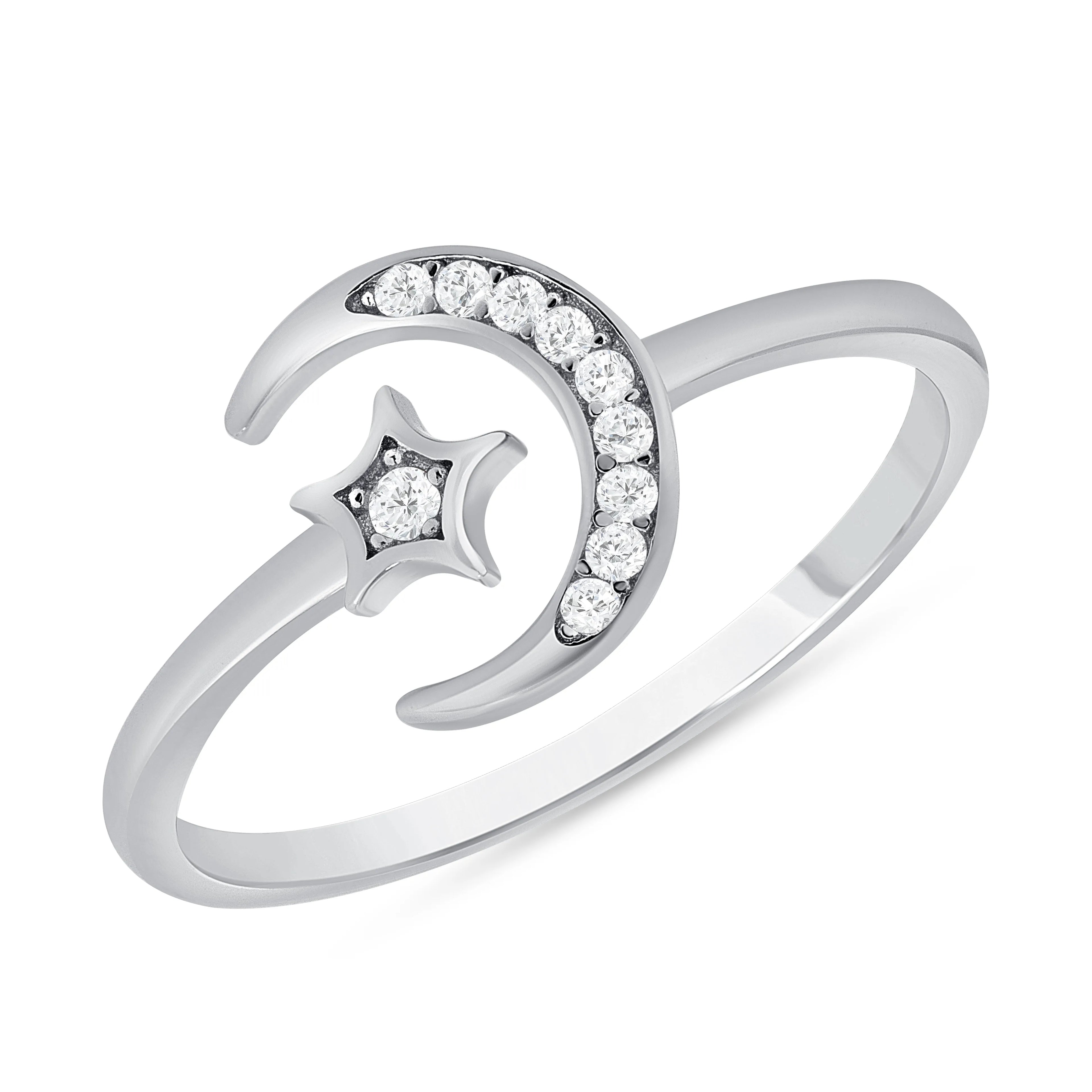 925 Sterling Silver Moon and Star Round CZ Open Fashion Ring