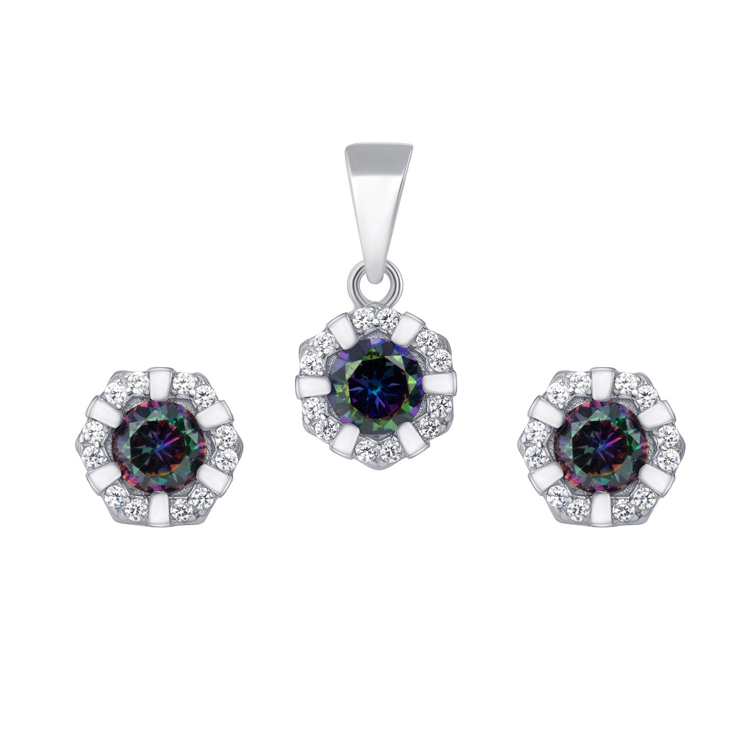 925 Sterling Silver Round Cut Mystic Topaz with CZ &amp; Metal Lines Hexagonal Halo Pendant &amp; Stud Earrings Jewelry Set