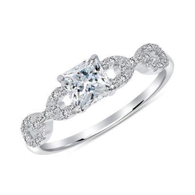 925 Sterling Silver Princess Cut CZ Chain Link Pavé Engagement Ring