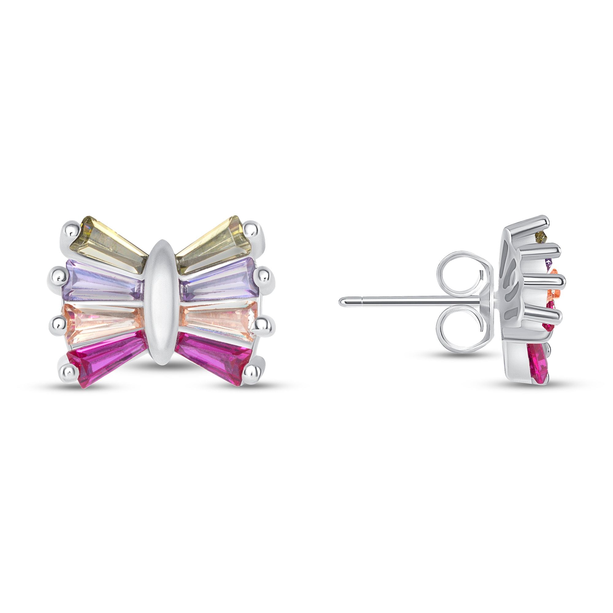 925 Sterling Silver Rectangular Cut Multicolor CZ Bow Pendant &amp; Stud Earrings Jewelry Set