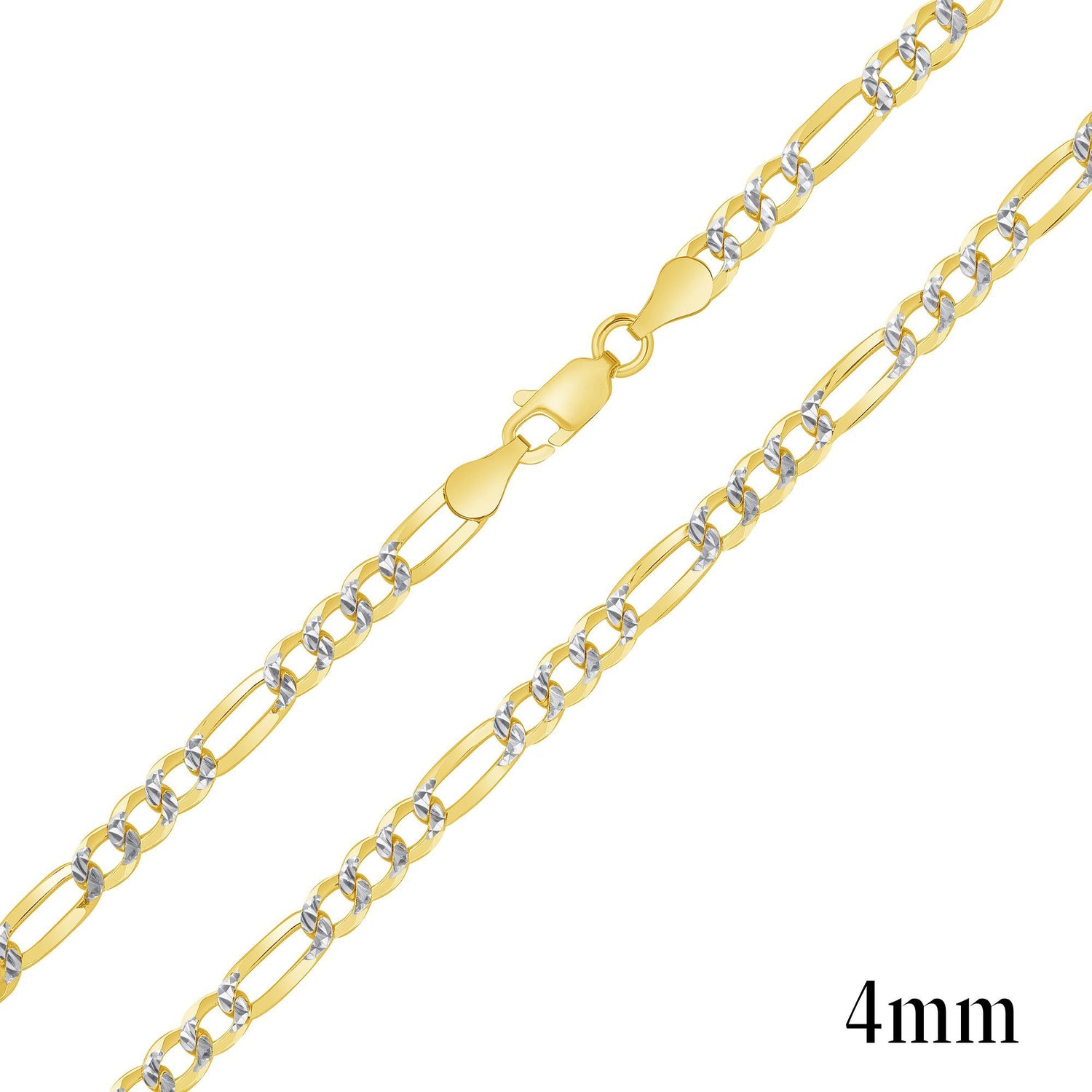 925 Sterling Silver Gold Plated Two-Tone Pavé 4mm Figaro Chain