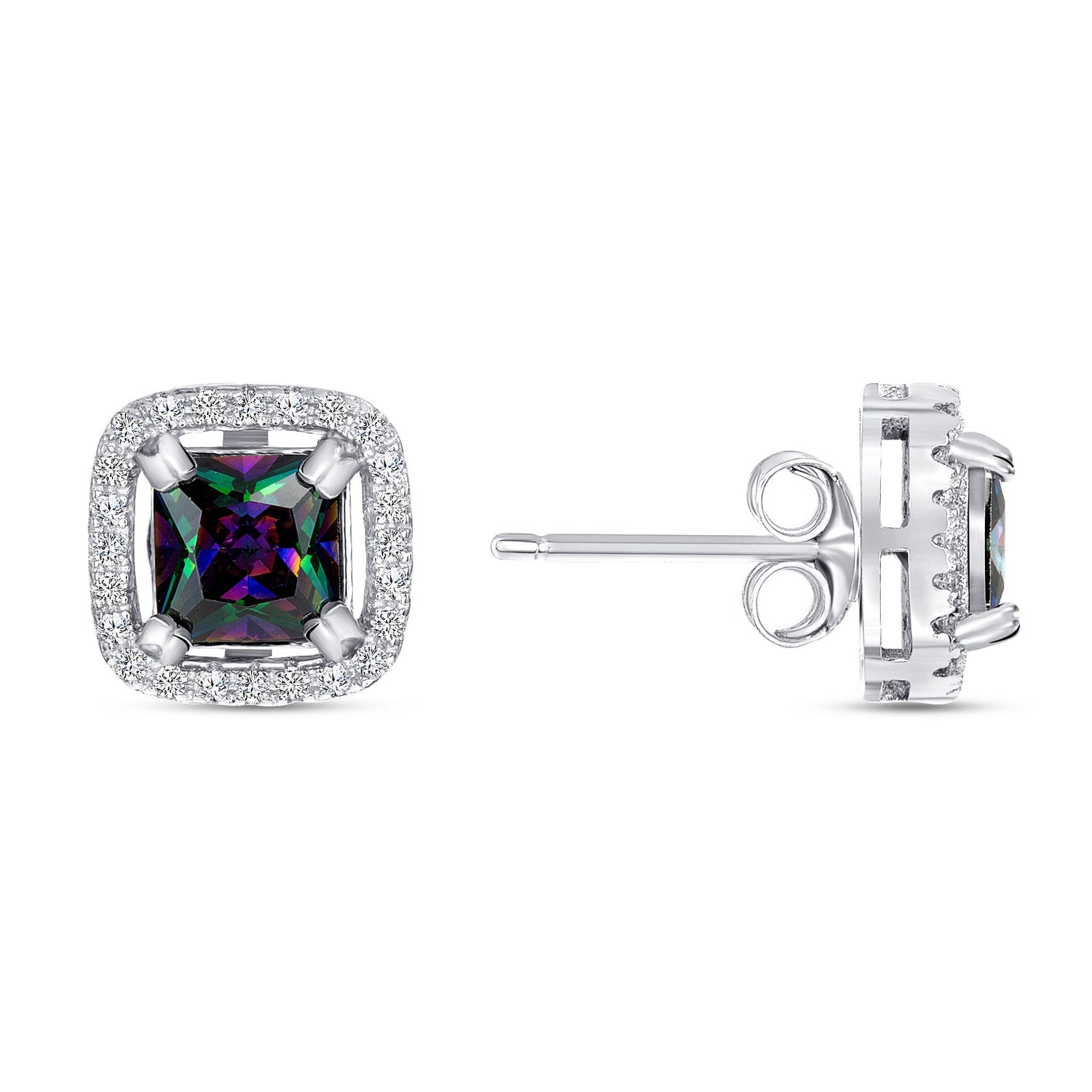 925 Sterling Silver Square Cut Mystic Topaz with White CZ Halo Pendant &amp; Stud Earrings Jewelry Set