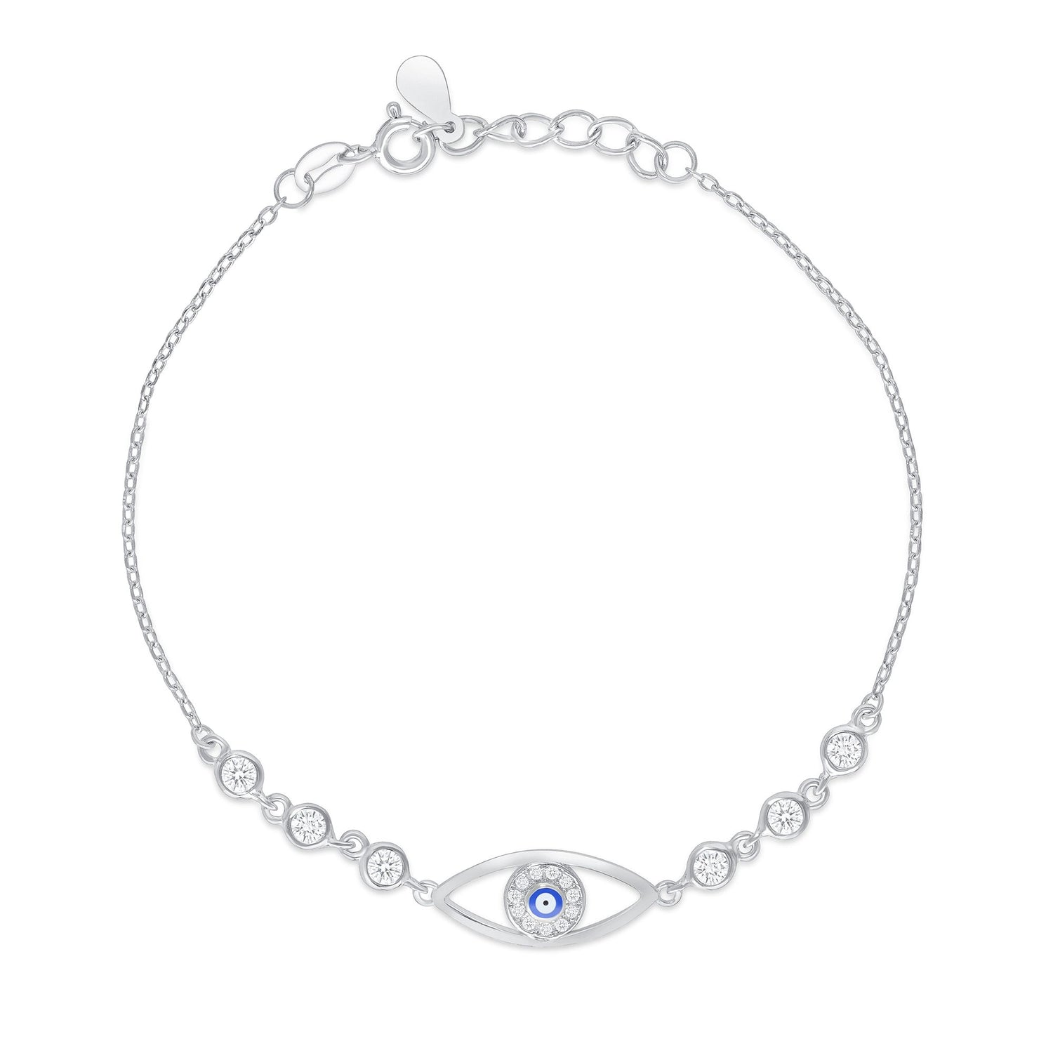 925 Sterling Silver CZ Evil Eye &amp; Bezel Set CZ Accents Bracelet