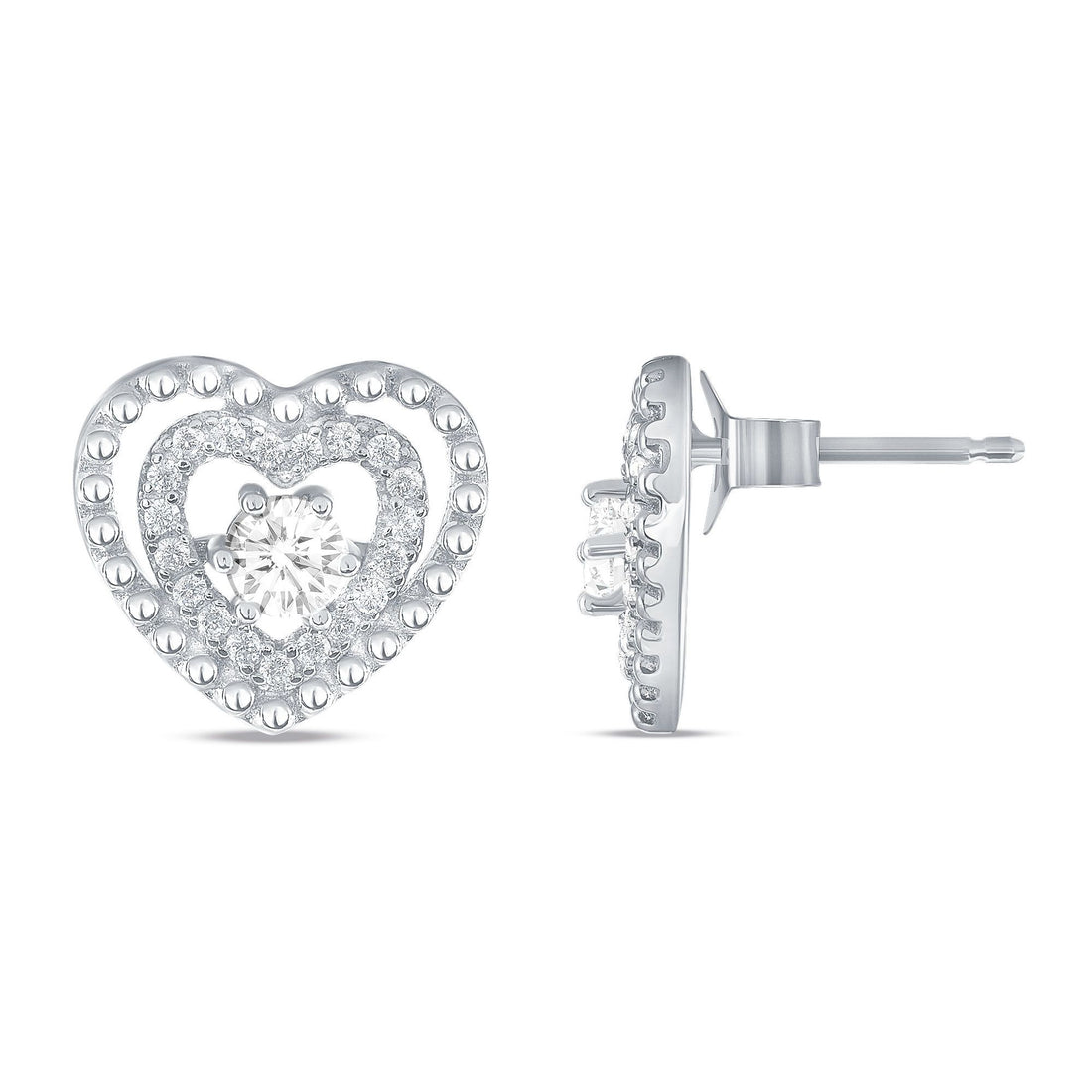 925 Sterling Silver Round Cut CZ in Double CZ &amp; Milgrain Heart Outline Pendant &amp; Stud Earrings Jewelry Set