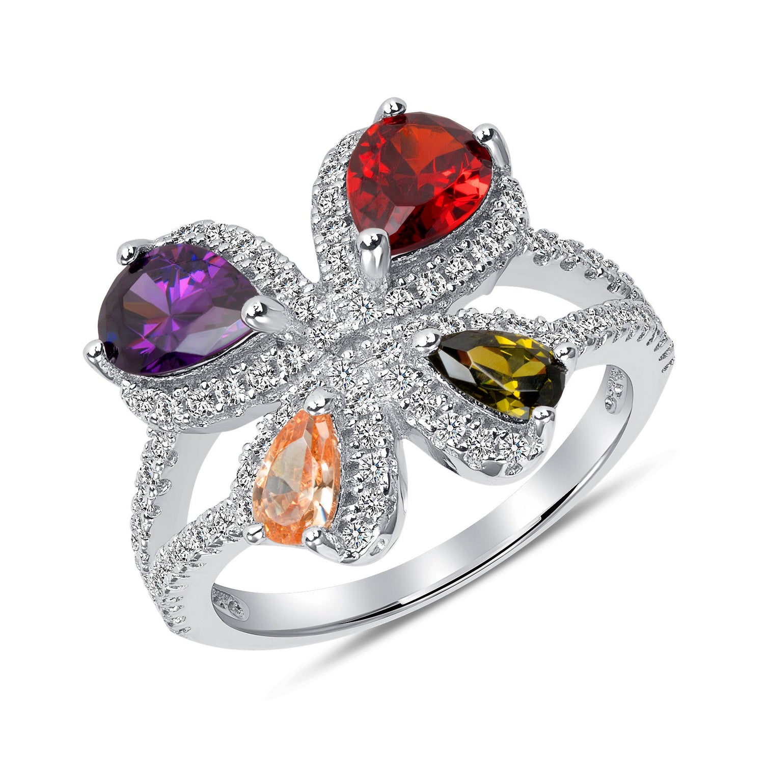 925 Sterling Silver Multi Color Pear Cut Flower Ring