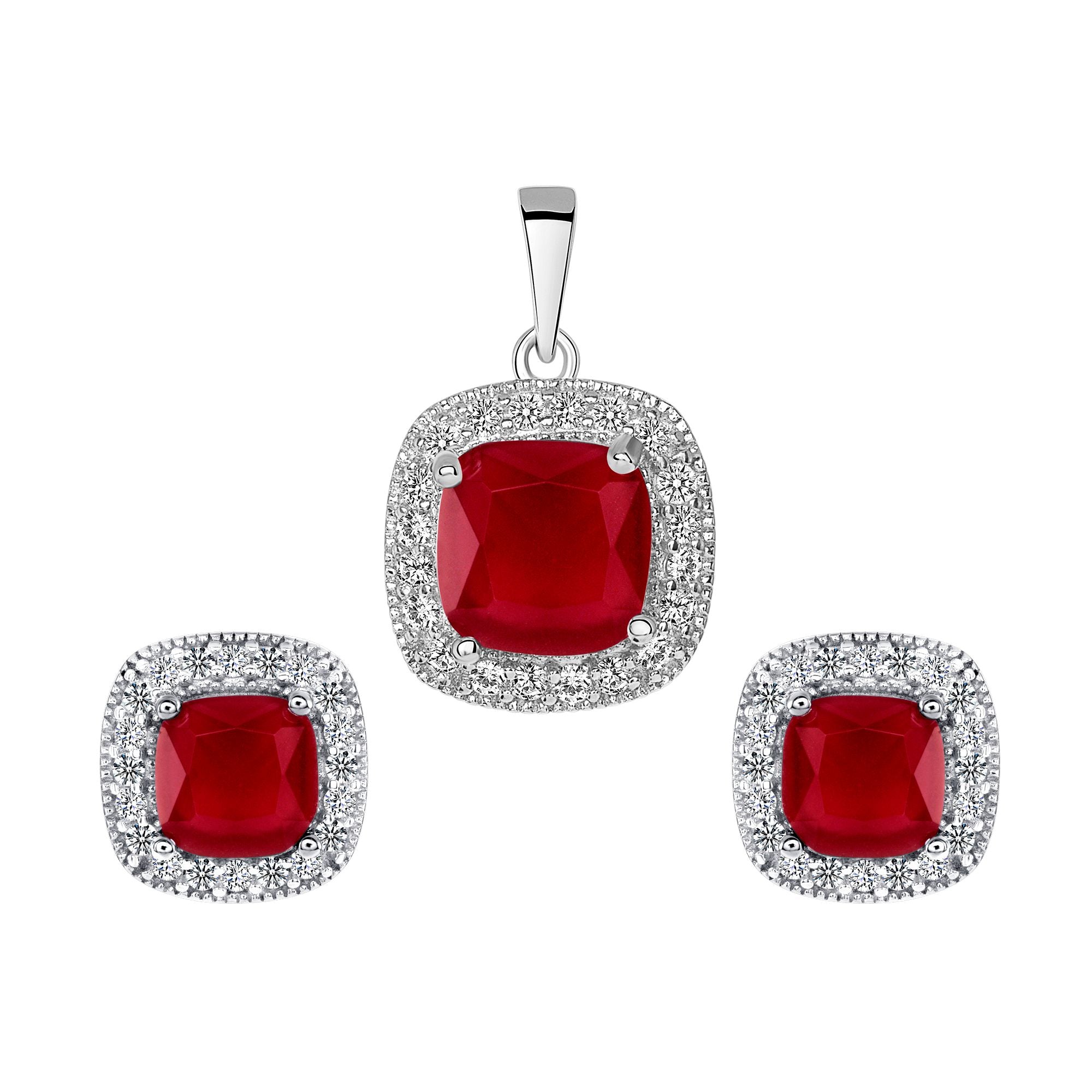 925 Sterling Silver Square Cut Red CZ with Round Cut CZ Pavé Halo Pendant &amp; Stud Earrings Jewelry Set