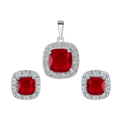 925 Sterling Silver Square Cut Red CZ with Round Cut CZ Pavé Halo Pendant &amp; Stud Earrings Jewelry Set