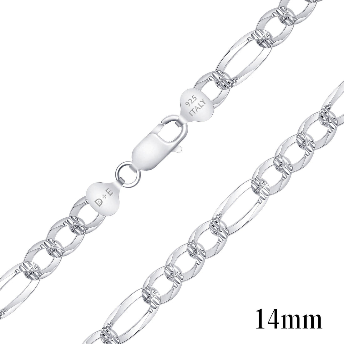 925 Sterling Silver Pavé 14mm Figaro Chain