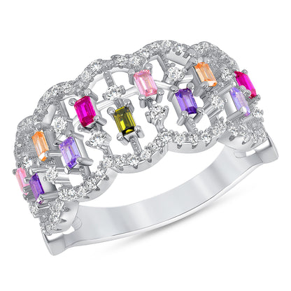 925 Sterling Silver Scalloped Multi Color Baguette Cut CZ Ring