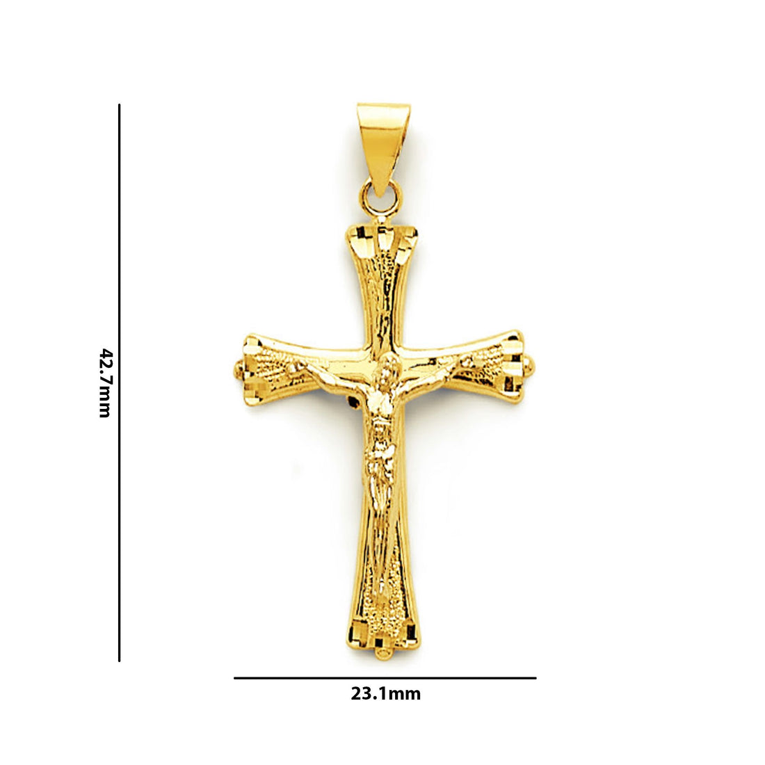 Yellow Gold Textured Patonce Crucifix Cross &amp; Diamond Cut Ends Pendant with Measurement