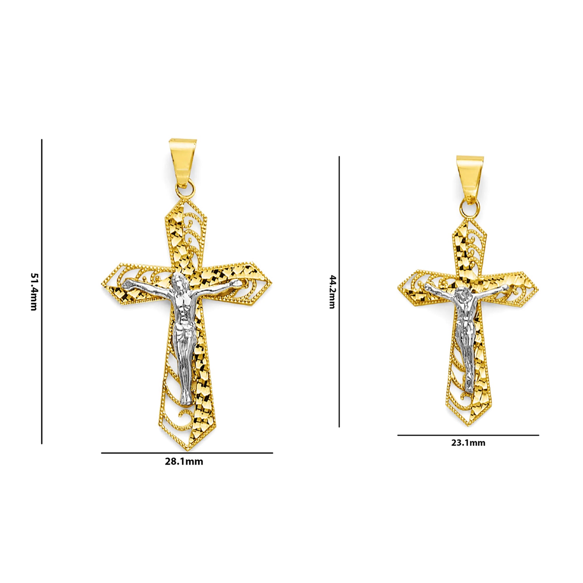 Two Tone Gold Half Diamond Cut Half Milgrain Filigree Cutout Pointed Crucifix Cross Pendant with Measurement