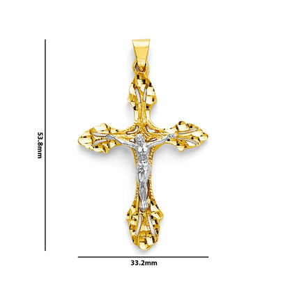 Two Tone Gold Cutout Accented Arrowhead Diamond Cut Edged Crucifix Cross Pendant with Measurement