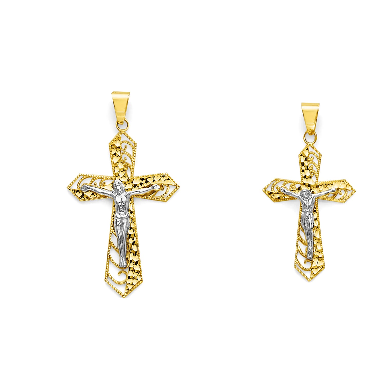 Two Tone Gold Half Diamond Cut Half Milgrain Filigree Cutout Pointed Crucifix Cross Pendant