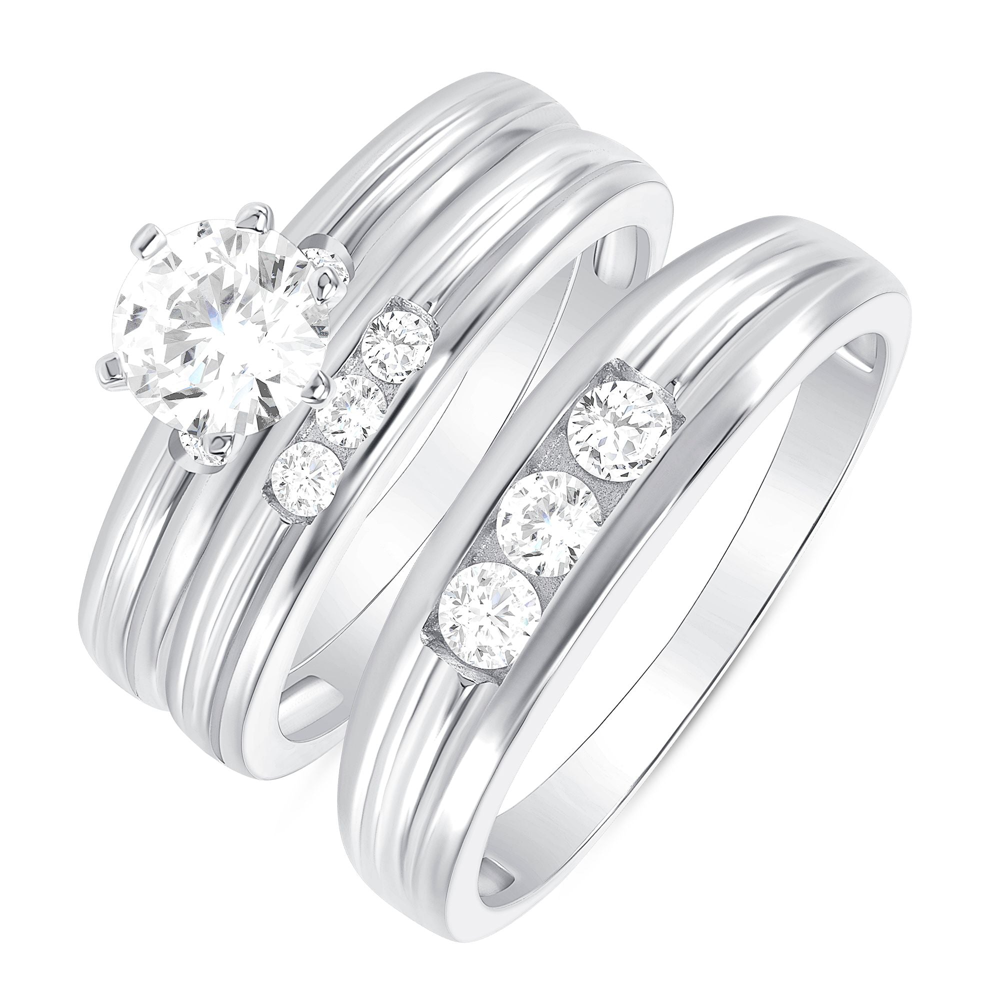 925 Sterling Silver Round CZ Ribbed Band &amp; Channel Set Accent CZ His &amp; Hers Trio Wedding Set
