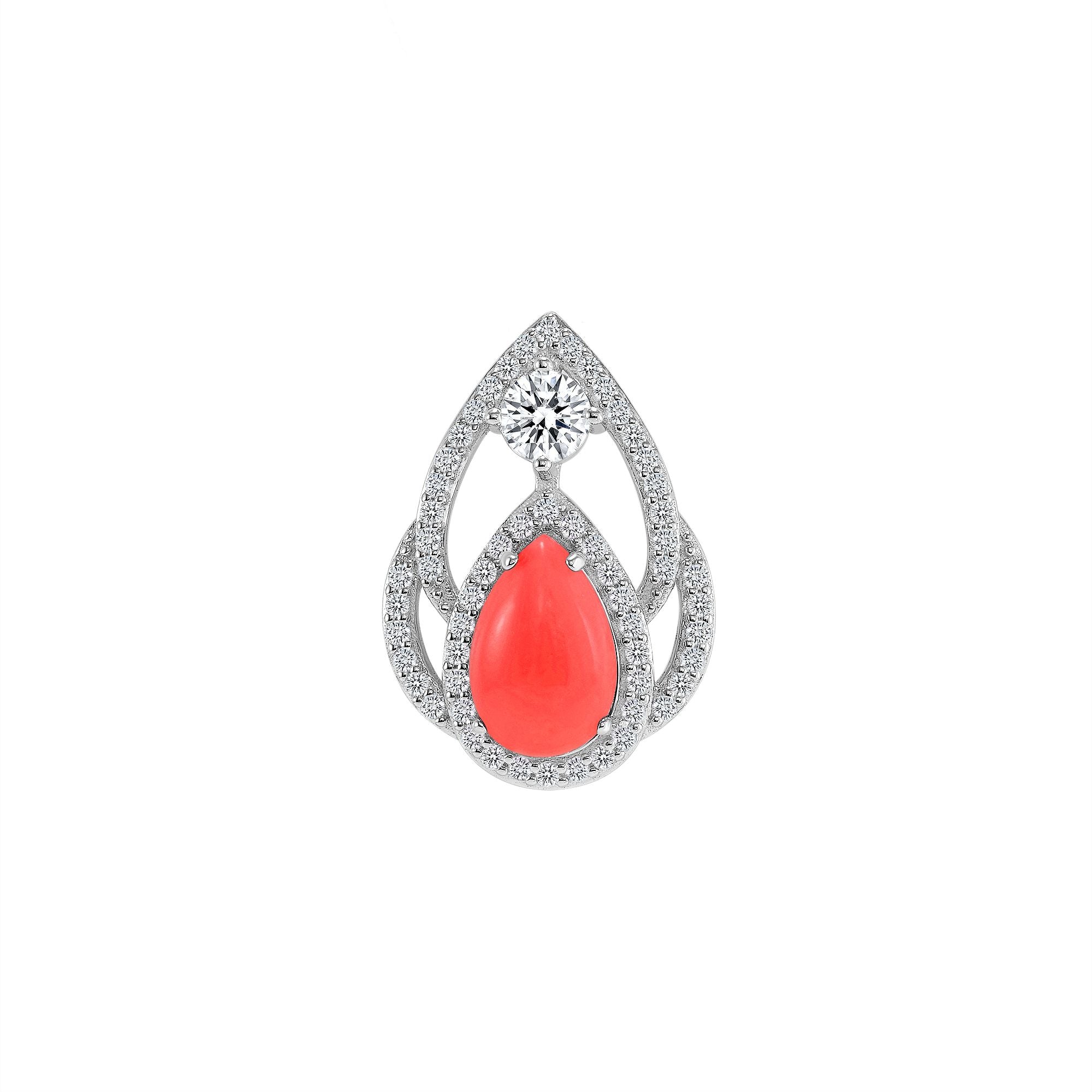 925 Sterling Silver Pear Cut Coral with Halo &amp; Round Cut CZ Layered Teardrop Pendant