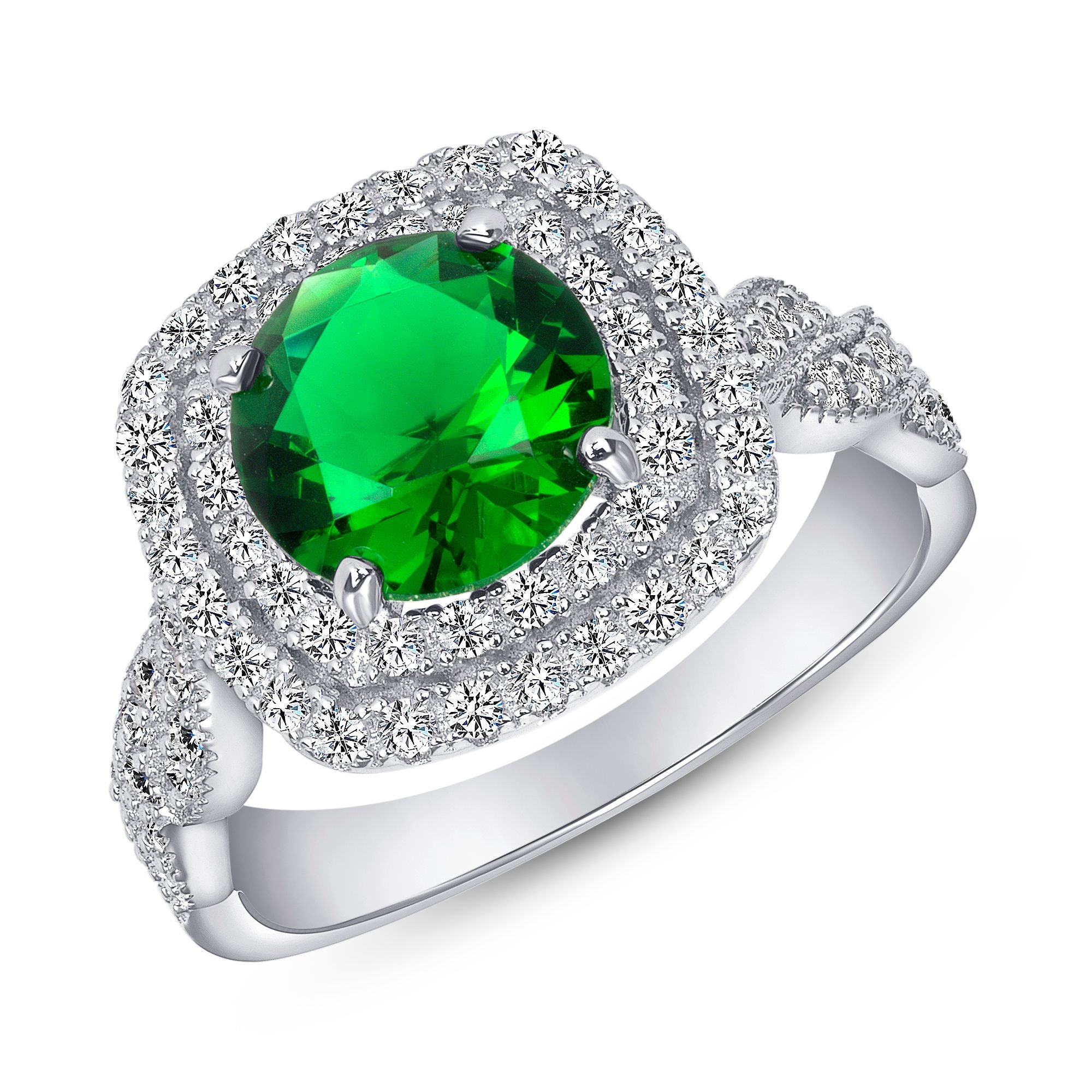 925 Sterling Silver Fancy Double Halo Round Green CZ Ring