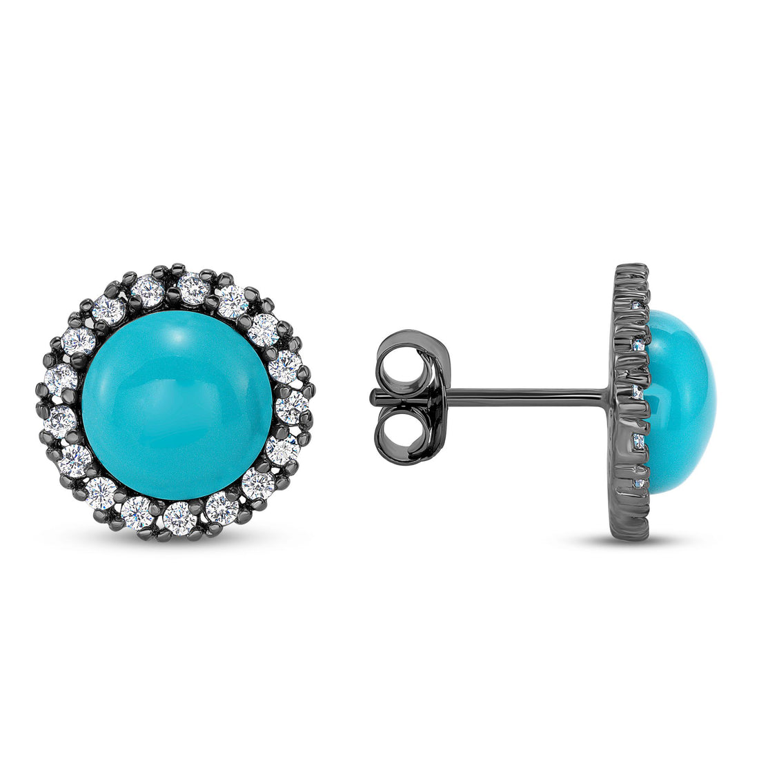 925 Sterling Silver Oxidized Round Turquoise Stud Earrings