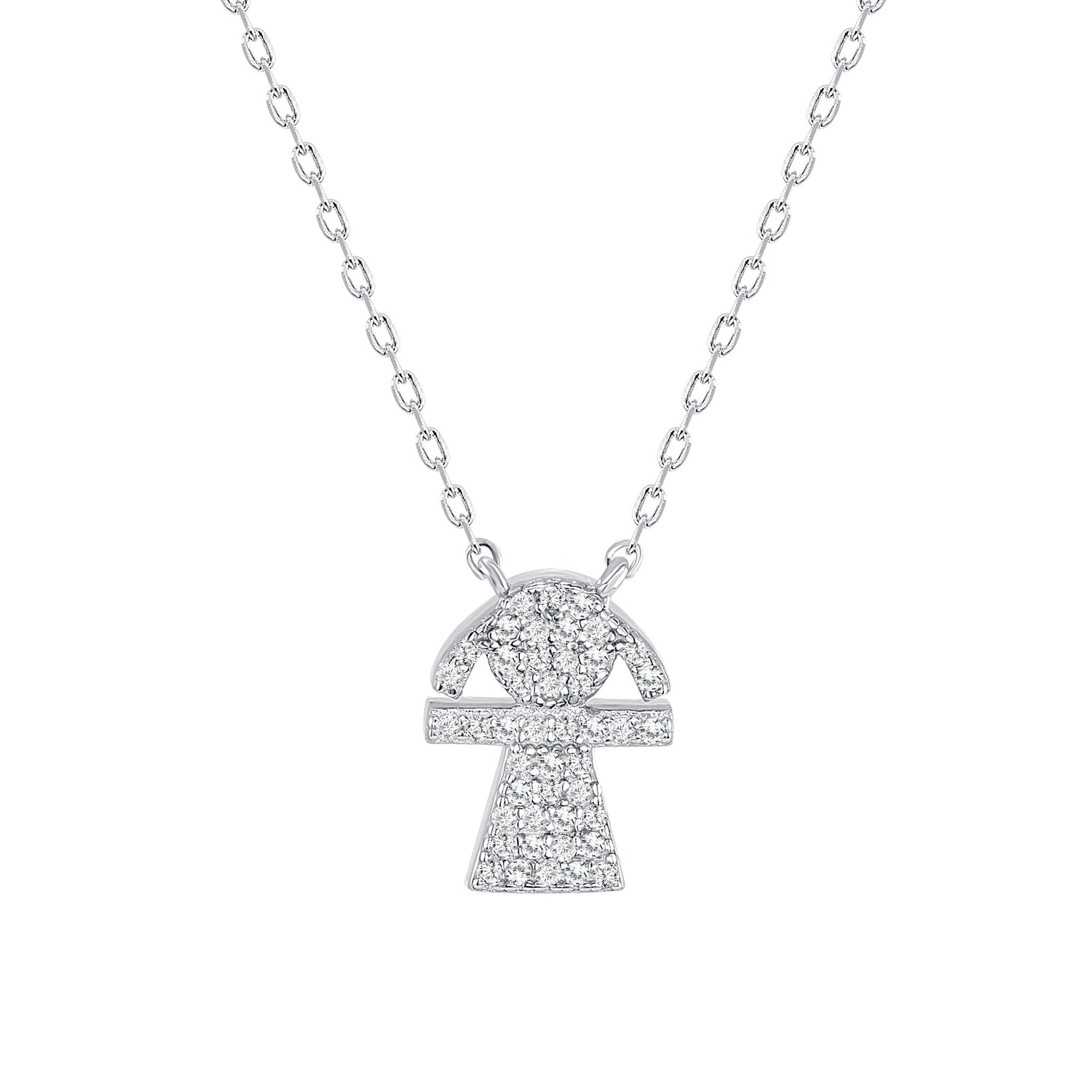 925 Sterling Silver Pavé CZ Feminine Stick Figure Pendant Necklace
