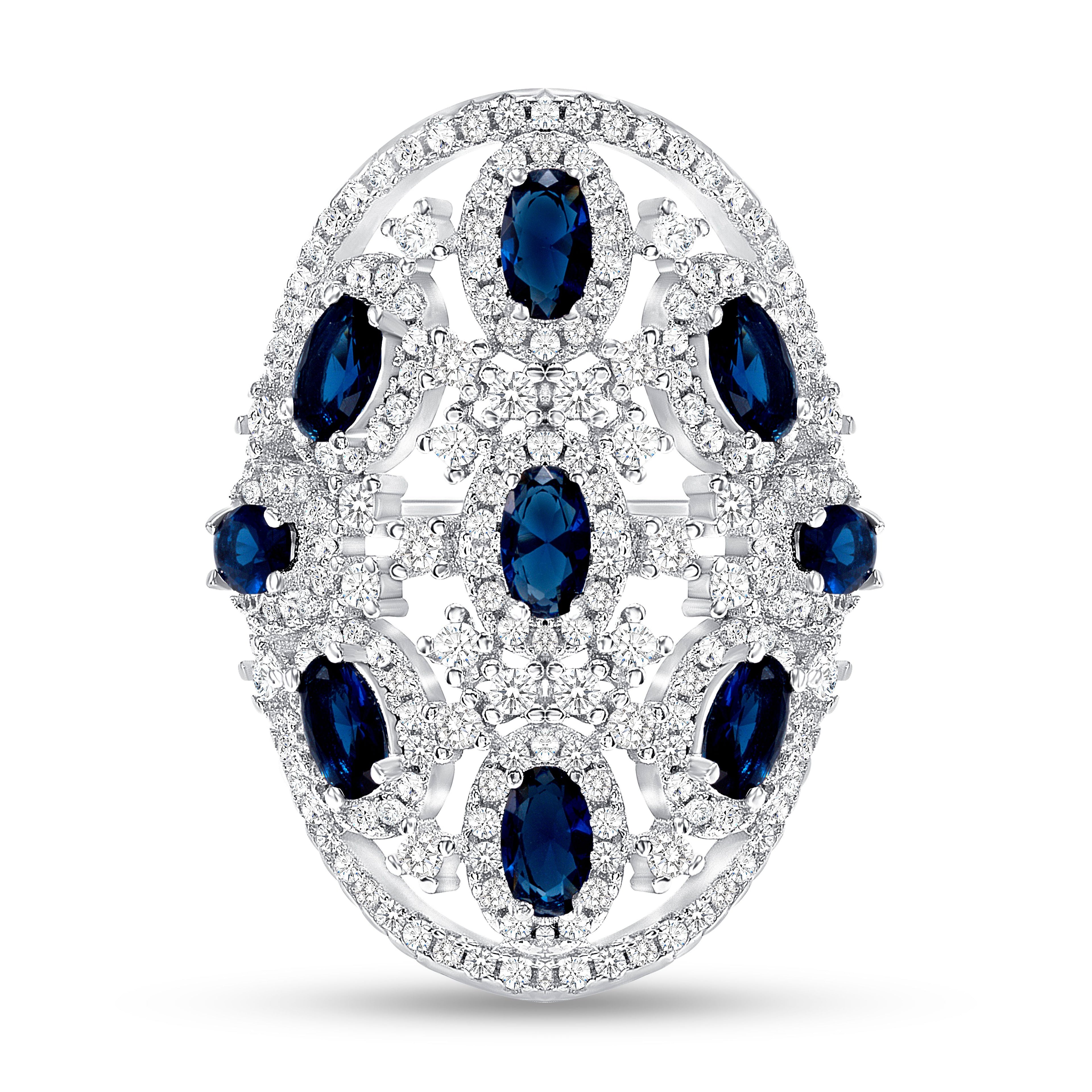 925 Sterling Silver Oval Blue CZ and Round White CZ Fashion Ring