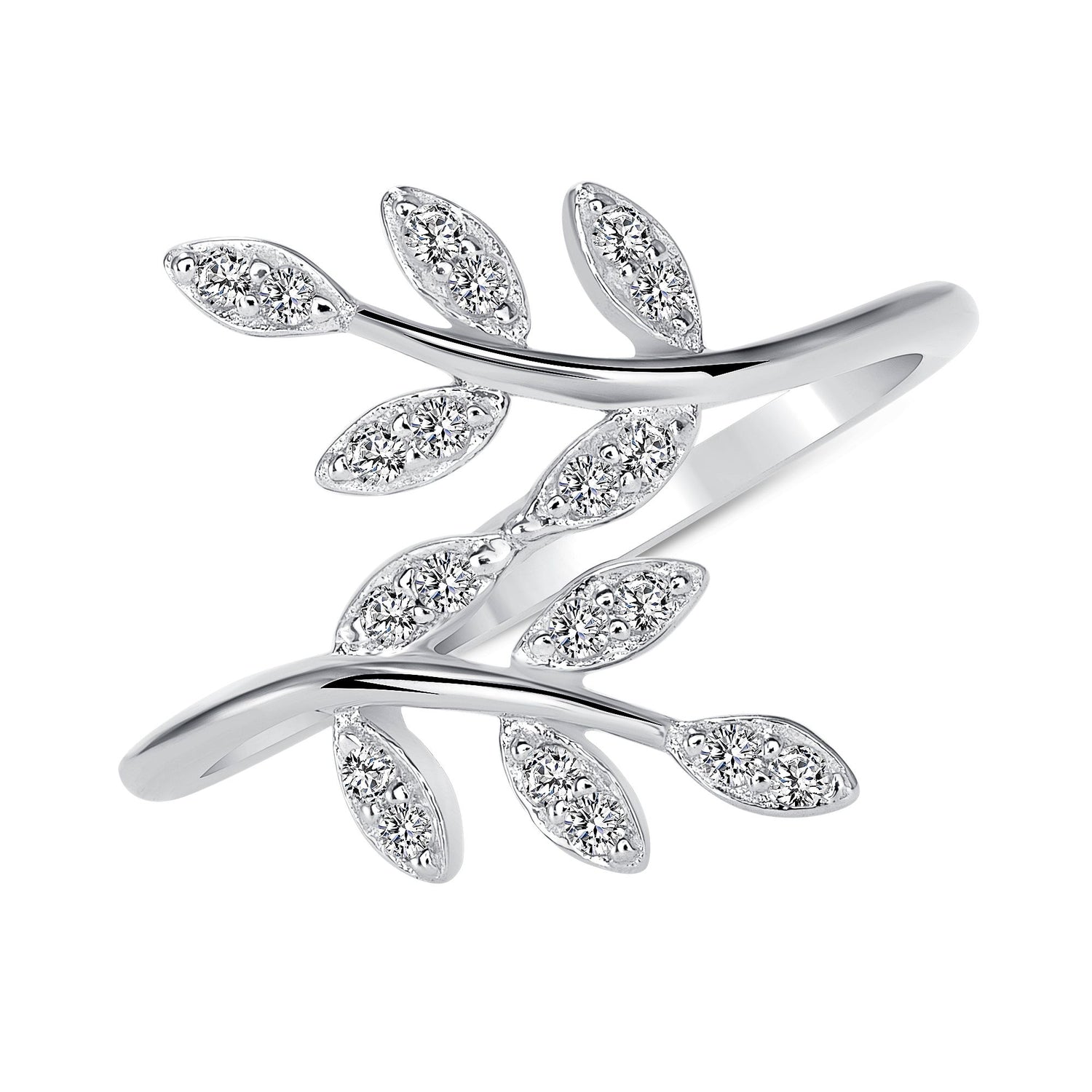 925 Sterling Silver Round CZ Leaf Ends Fashion Ring