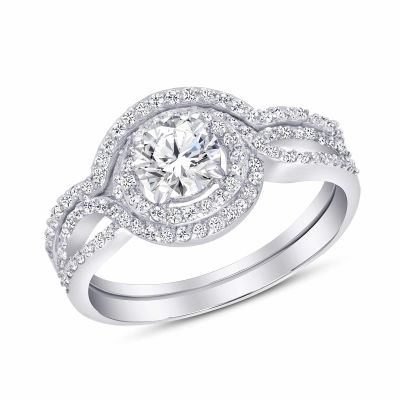 925 Sterling Silver Round Cut CZ with Halo &amp; Pavé Twisted Band Women&