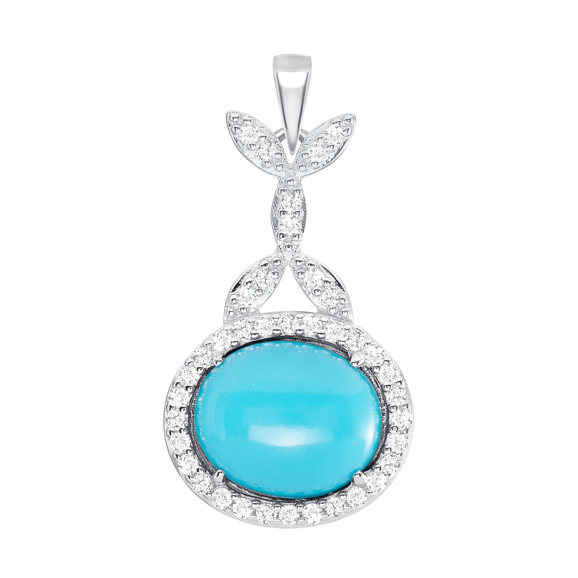 925 Sterling Silver Oval Cut Turquoise with Halo &amp; CZ Accents Pendant