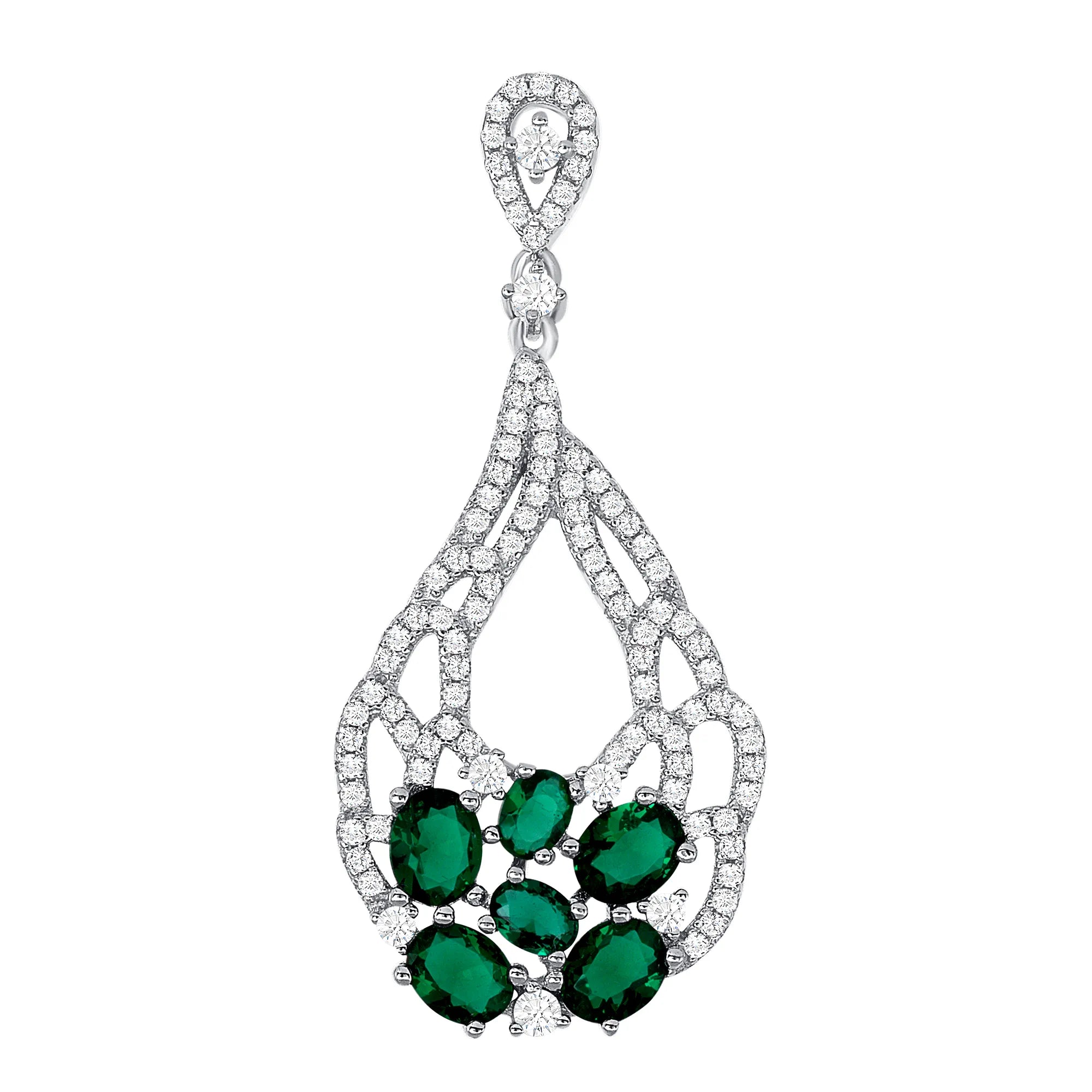 925 Sterling Silver Oval Cut Green CZ with Pavé CZ Bouquet Teardrop Pendant &amp; Earrings Jewelry Set