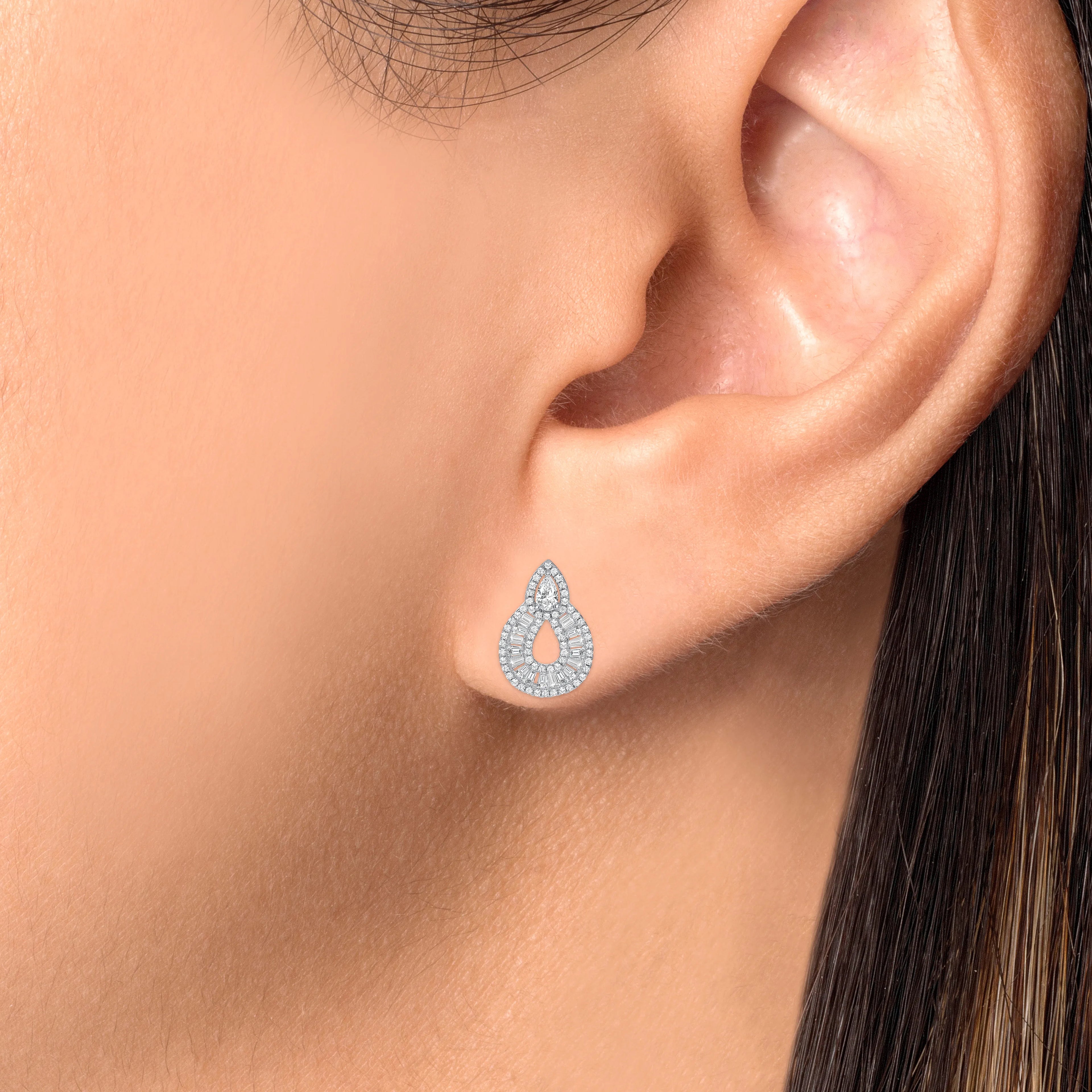 925 Sterling Silver Pear Cut CZ with Round &amp; Baguette Cut Loops Teardrop Pendant &amp; Earrings Jewelry Set