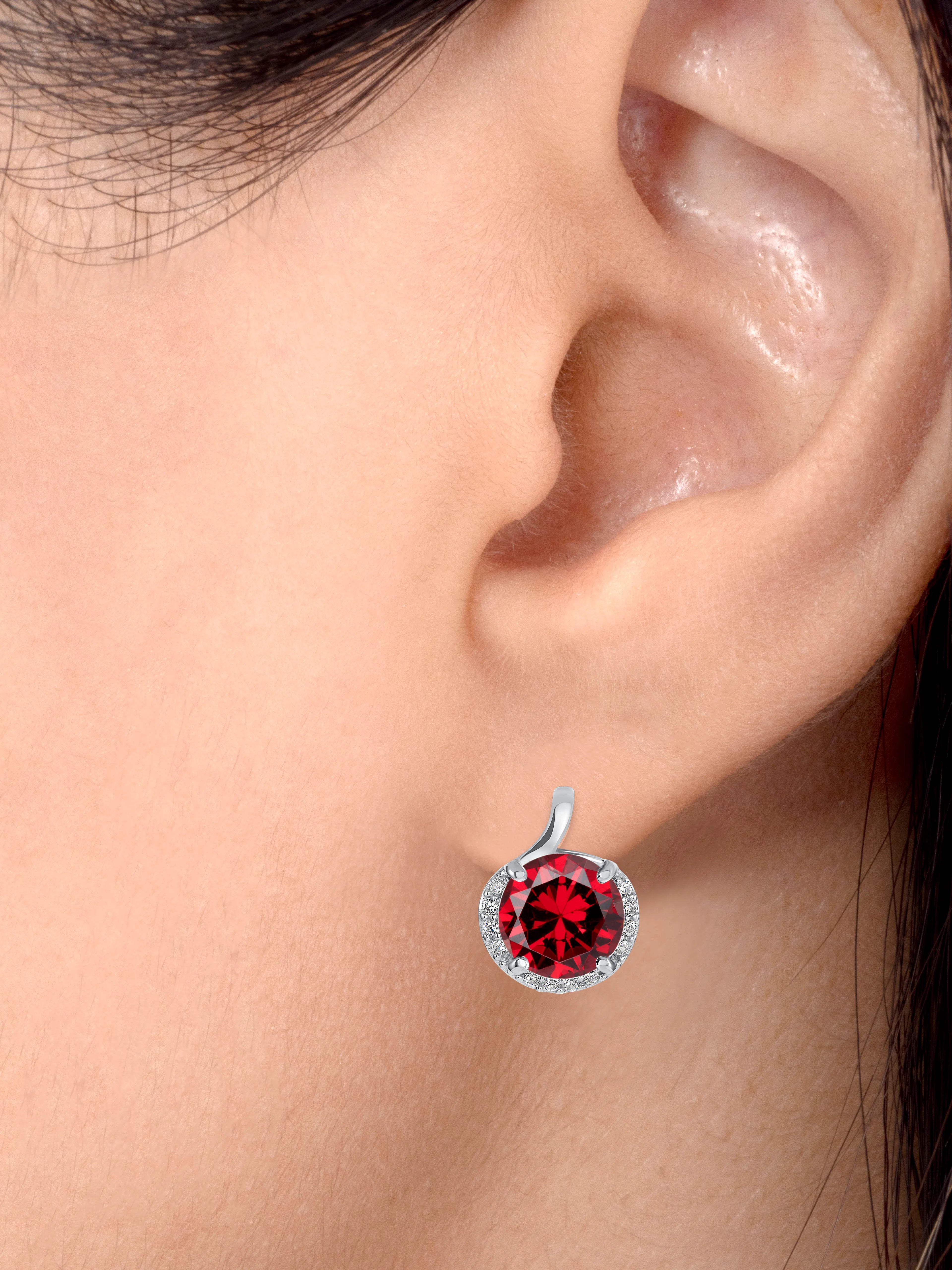 925 Sterling Silver Round Cut Red CZ with Round Cut White CZ Partial Halo Pendant &amp; Stud Earrings Jewelry Set
