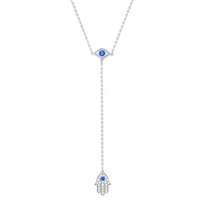 925 Sterling Silver Evil Eye &amp; Hamsa CZ Studded Lariat Necklace