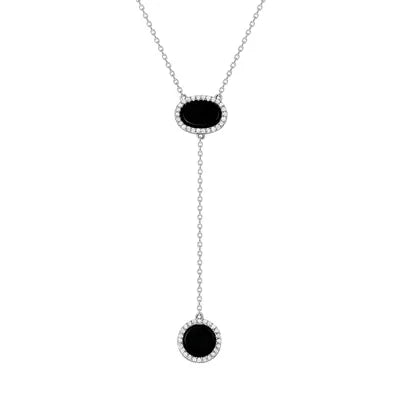 925 Sterling Silver Oval &amp; Circle Onyx with CZ Halo Lariat Necklace