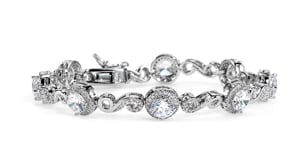 925 Sterling Silver Round Cut Halo CZ &amp; Half Studded Filigree Link Bracelet