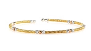 925 Sterling Silver Diamond Cut Tri Tone Bead Wire Wrapped Cuff Bracelet