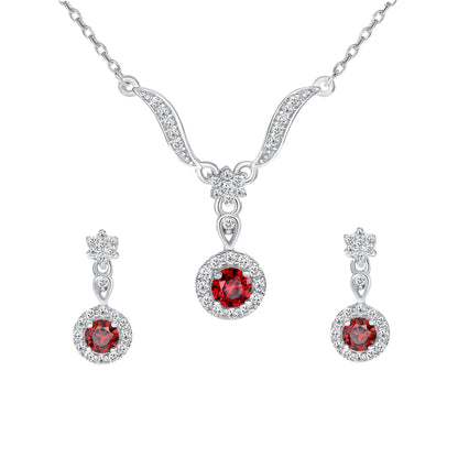 925 Sterling Silver Round Cut Red CZ with Halo &amp; Flower Leaves Pendant &amp; Dangle Earrings Jewelry Set
