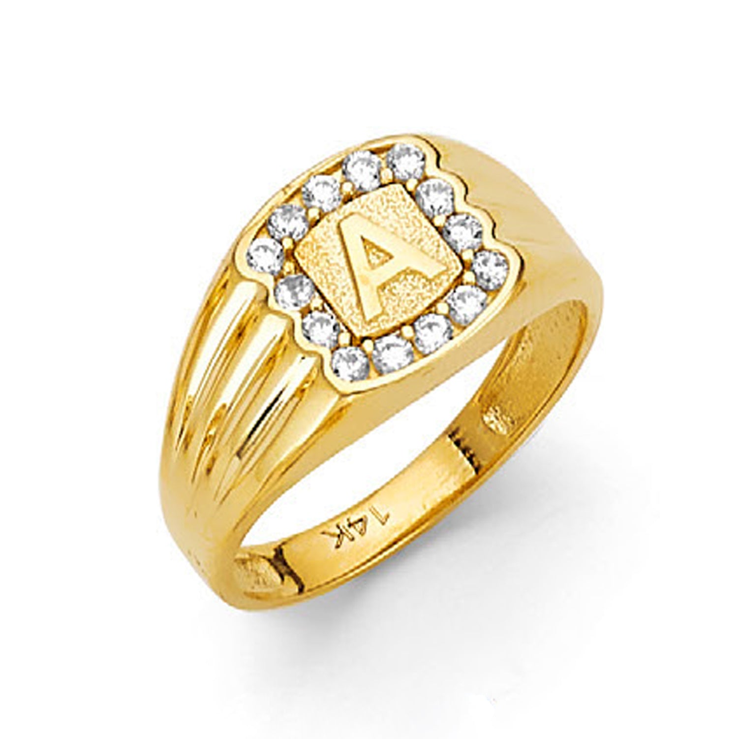 Yellow Gold CZ Halo Initial Ribbed Signet Ring