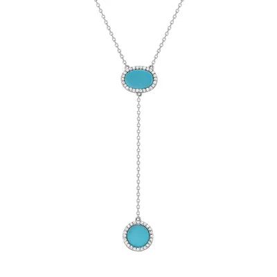 925 Sterling Silver Oval &amp; Circle Turquoise with CZ Halo Lariat Necklace